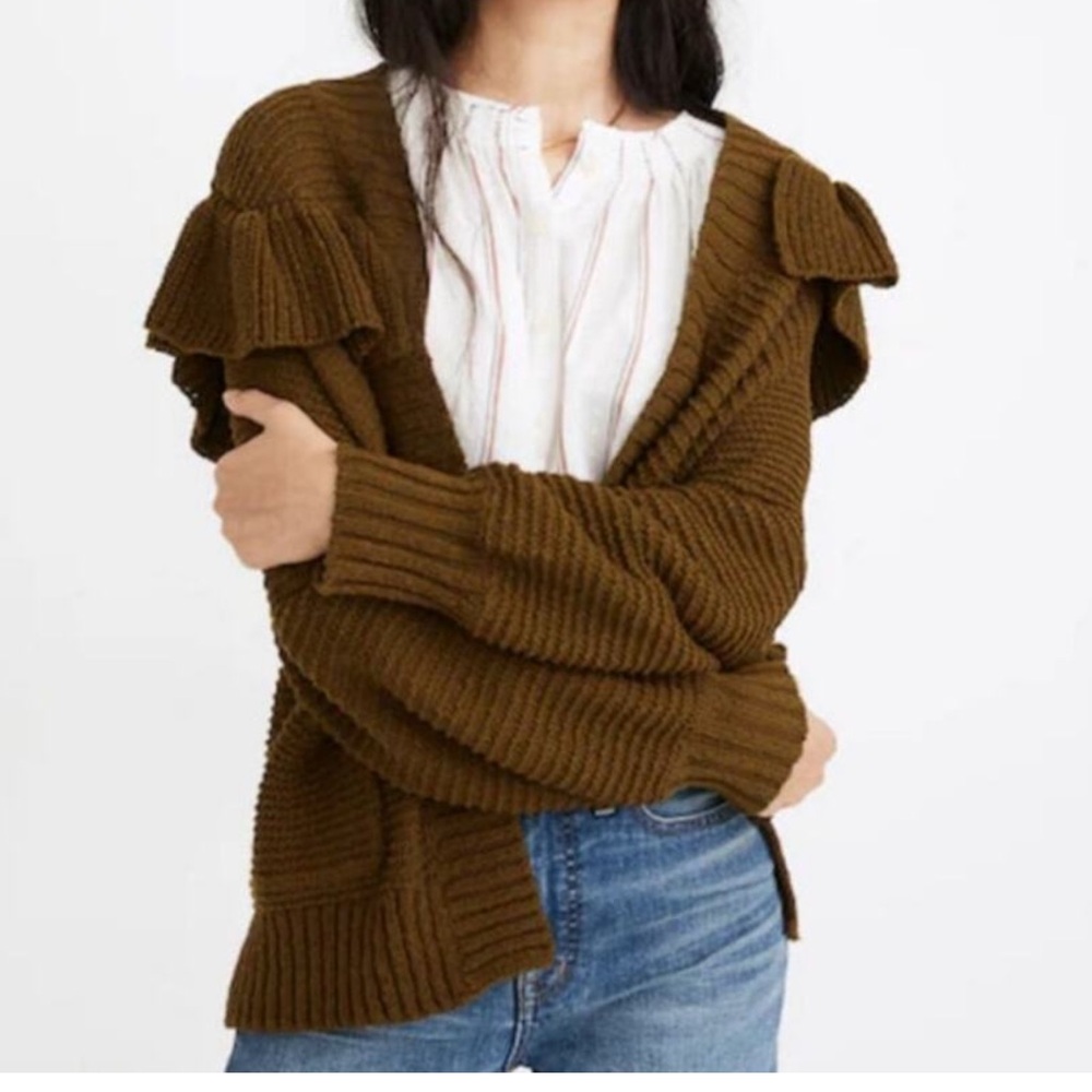 Madewell Ruffle Cardigan Sweater in Golden Spinach Women’s Small Cottagecore